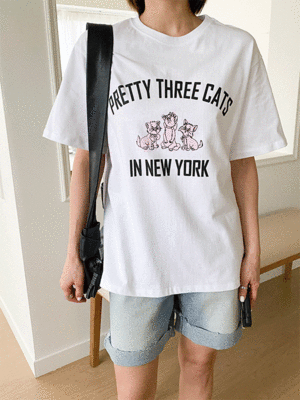 나비온 라운드넥 프리티캣 프린팅 기본 반팔 티셔츠